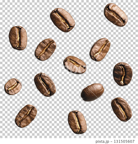 Roasted coffee beans scattered on transparency background, showcasing their rich brown color and textured surface. beans are arranged in random pattern, highlighting their natural variations 131505607