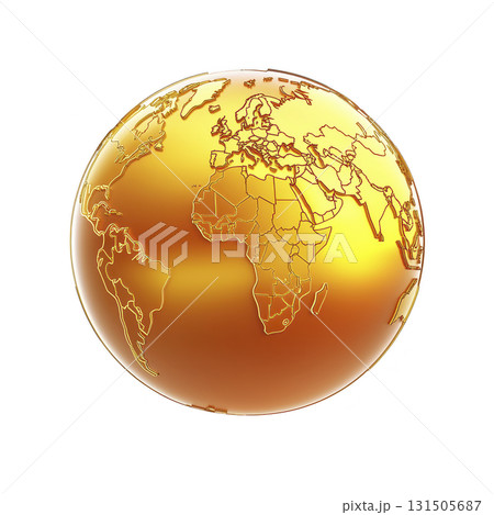 golden globe with shiny surface displays continents, highlighting Europe, Africa, and Asia. map is detailed, with borders and countries visible, creating luxurious and elegant appearance 131505687