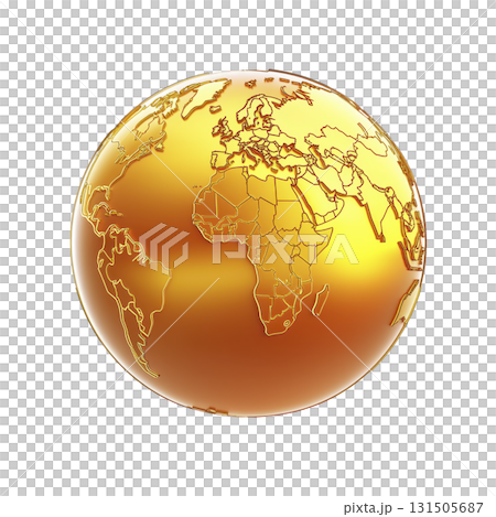 golden globe with shiny surface displays continents, highlighting Europe, Africa, and Asia. map is detailed, with borders and countries visible, creating luxurious and elegant appearance 131505687