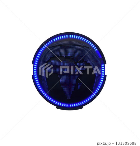 digital representation of Earth is depicted with glowing blue circular design, showcasing futuristic and technological aesthetic. image highlights stylized map of continents within vibrant 131505688