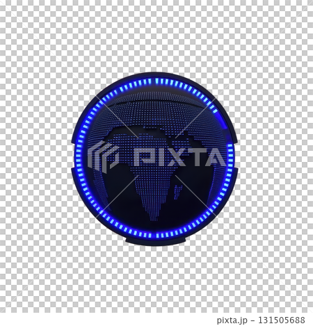 digital representation of Earth is depicted with glowing blue circular design, showcasing futuristic and technological aesthetic. image highlights stylized map of continents within vibrant 131505688