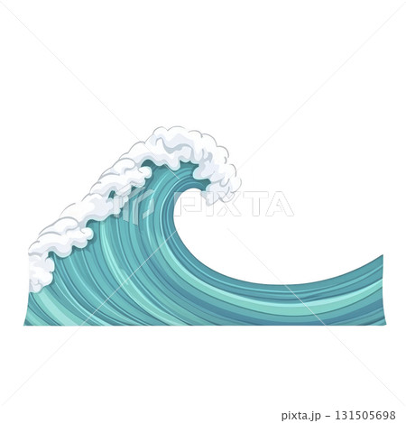 This features stylized, artistic depiction of large ocean wave with white foam cresting top, set against transparent background. wave is illustrated shades of blue and turquoise, capturing dynamic 131505698