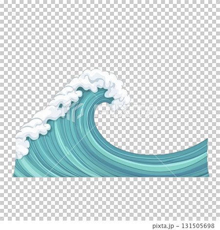 This features stylized, artistic depiction of large ocean wave with white foam cresting top, set against transparent background. wave is illustrated shades of blue and turquoise, capturing dynamic 131505698