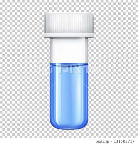 small transparent plastic test tube with white screw cap contains vibrant blue liquid, symbolizing scientific research and laboratory analysis 131505717