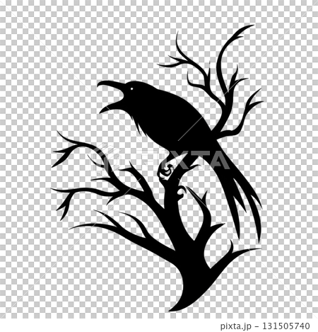silhouette of bird perched on tree branch, with intricate details of branches and bird feathers, creating mysterious and artistic effect 131505740