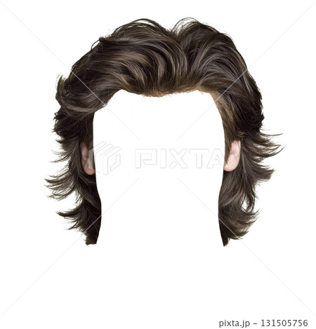 This features stylish, wavy brown hairstyle with voluminous layers and natural shine, creating trendy and modern look. hair is medium length, framing face elegantly 131505756