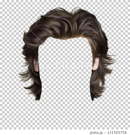 This features stylish, wavy brown hairstyle with voluminous layers and natural shine, creating trendy and modern look. hair is medium length, framing face elegantly 131505756