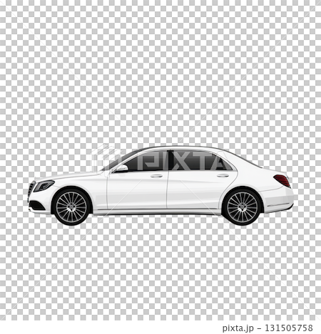 sleek white luxury sedan with tinted windows and stylish alloy wheels, showcasing elegance and sophistication. car streamlined design and polished finish exude sense of modernity and class 131505758