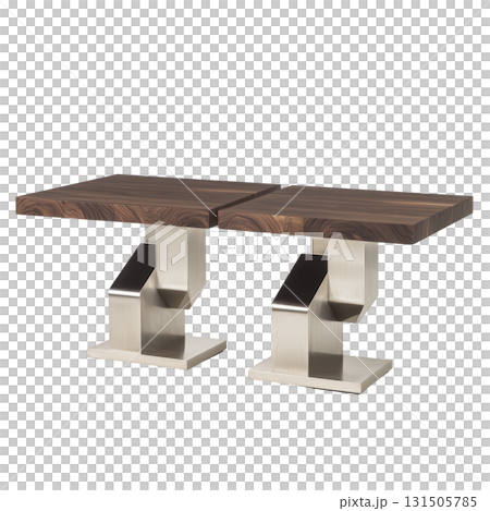 Two modern wooden tables with sleek metal bases are displayed side by side, showcasing contemporary design. tables feature rectangular wooden tops with rich, dark finish, supported by geometric 131505785