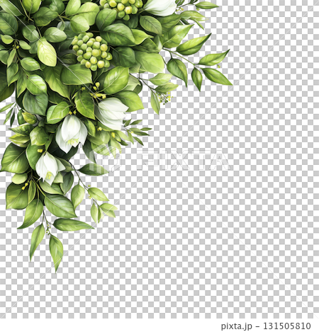 lush arrangement of green leaves and white flowers creates vibrant and fresh botanical display. composition is rich in texture and color, evoking sense of natural beauty and tranquility lush arrangement of green leaves and white flowers creates vibrant and fresh botanical display. composition is rich in texture and color, evoking sense of natural beauty and tranquility 131505810