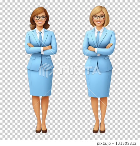 Two professional women blue business suits stand confidently with arms crossed, wearing glasses and smiling. Their attire includes matching skirts and blazers, conveying sense of professionalism 131505812