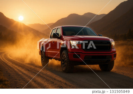 Powerful Red Pickup Truck Speeding on Dusty Dirt Road Through Mountain Landscape at Dramatic Sunset 131505849