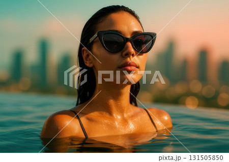 Stylish Woman in Turquoise Pool Wearing Cat Eye Sunglasses Gazing at City Skyline During Sunset 131505850