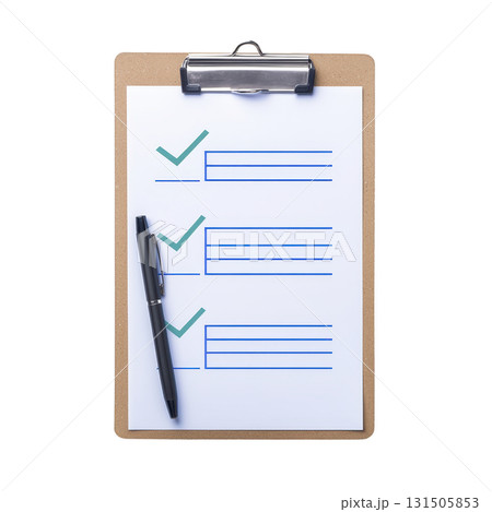 clipboard with checklist and pen is shown, featuring three checkmarks and lines for notes. setup is ideal for organizing tasks or planning efficiently clipboard with checklist and pen is shown, featuring three checkmarks and lines for notes. setup is ideal for organizing tasks or planning efficiently 131505853