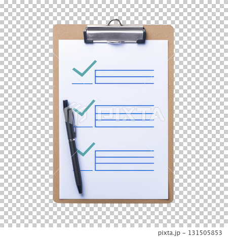 clipboard with checklist and pen is shown, featuring three checkmarks and lines for notes. setup is ideal for organizing tasks or planning efficiently clipboard with checklist and pen is shown, featuring three checkmarks and lines for notes. setup is ideal for organizing tasks or planning efficiently 131505853