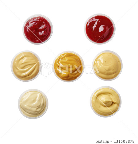 Seven small containers of various sauces, including ketchup, mustard, and mayonnaise, are arranged neat pattern transparency background. vibrant colors and smooth textures create appetizing 131505879