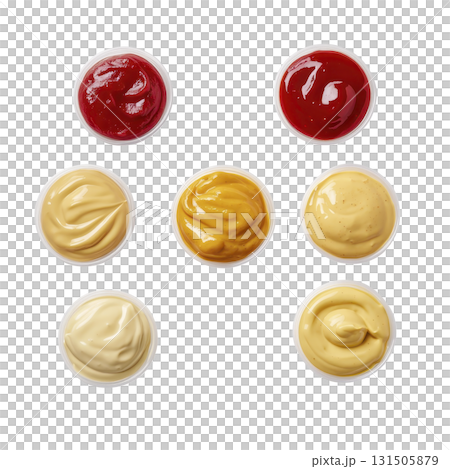 Seven small containers of various sauces, including ketchup, mustard, and mayonnaise, are arranged neat pattern transparency background. vibrant colors and smooth textures create appetizing 131505879