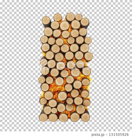 stack of neatly arranged wooden logs with visible cut ends is surrounded by bright, fiery flames, creating striking contrast. image evokes warmth and energy 131505926