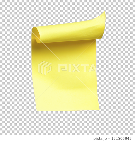 single yellow sticky note with curled edge is isolated on transparency background, showcasing its vibrant color and texture 131505943