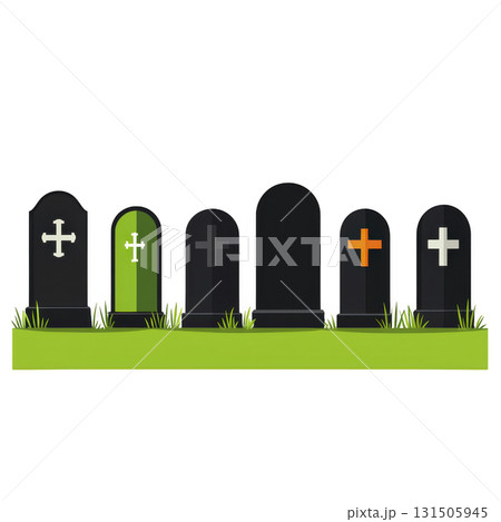row of gravestones with crosses stands on grassy patch, featuring various colors and designs, evoking somber yet peaceful atmosphere 131505945