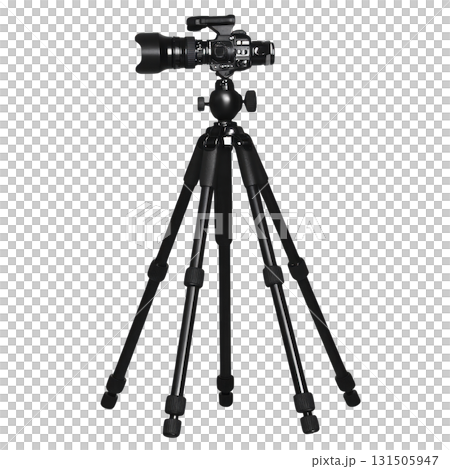 professional camera mounted on sturdy tripod, ideal for capturing high quality images and videos with stability and precision. setup is perfect for photographers and videographers 131505947