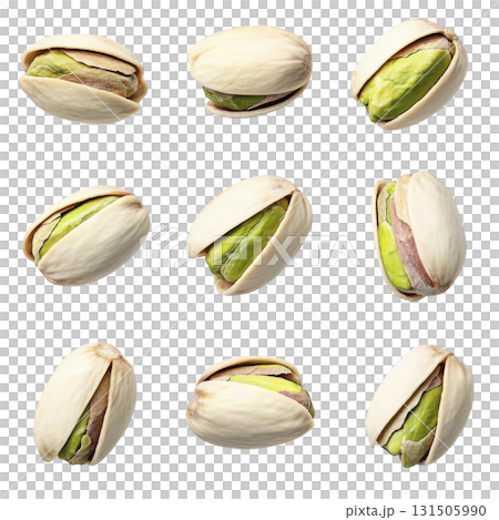 Nine pistachios are arranged grid pattern against transparency background, showcasing their green kernels partially visible through open shells. composition highlights natural texture and color 131505990