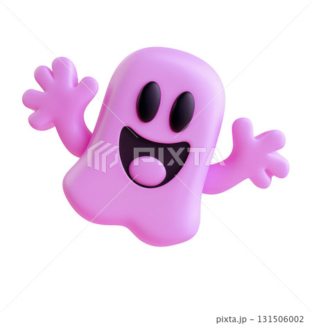 cheerful pink cartoon ghost with wide smile and outstretched arms, featuring black eyes and mouth, exudes playful and friendly vibe 131506002