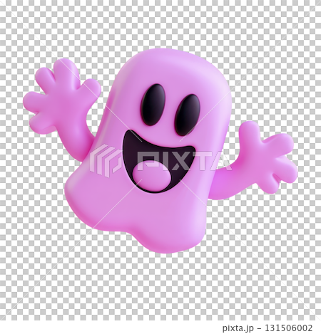 cheerful pink cartoon ghost with wide smile and outstretched arms, featuring black eyes and mouth, exudes playful and friendly vibe 131506002