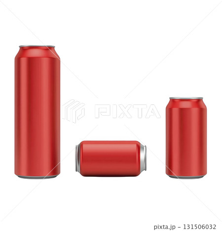 Three red aluminum cans of varying sizes are displayed against transparency background, showcasing different orientations and dimensions. cans are sleek and modern, emphasizing their metallic Three red aluminum cans of varying sizes are displayed against transparency background, showcasing different orientations and dimensions. cans are sleek and modern, emphasizing their metallic 131506032