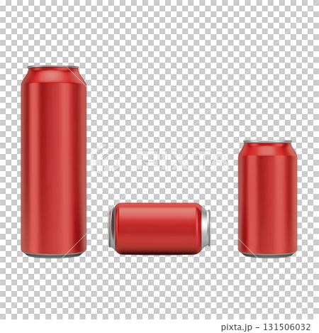 Three red aluminum cans of varying sizes are displayed against transparency background, showcasing different orientations and dimensions. cans are sleek and modern, emphasizing their metallic Three red aluminum cans of varying sizes are displayed against transparency background, showcasing different orientations and dimensions. cans are sleek and modern, emphasizing their metallic 131506032