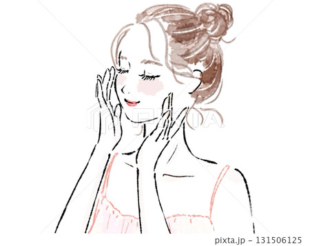 スキンケアで頬を触り目を閉じる女性 スキンケアで頬を触り目を閉じる女性 131506125