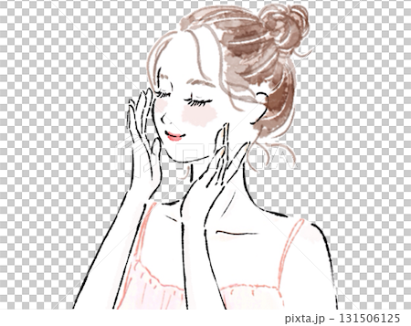 一位女士用護膚品觸摸臉頰並閉上眼睛 一位女士用護膚品觸摸臉頰並閉上眼睛 131506125