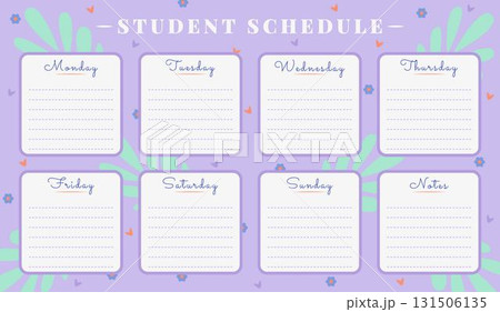 Vector student schedule template in delicate retro palette. Timetable design, weekly lesson planner with lilac background, flowers and leaves 131506135
