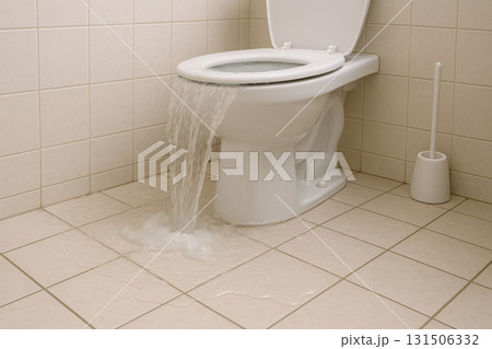 Overflowing toilet spilling water onto tiled bathroom floor causing flooding and plumbing emergency in clean indoor restroom with white ceramic fixtures and brush Overflowing toilet spilling water onto tiled bathroom floor causing flooding and plumbing emergency in clean indoor restroom with white ceramic fixtures and brush 131506332