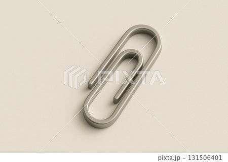 3D Minimal metallic paper clip isolated on neutral background, simple office supply with smooth surface and elegant design, useful for organizing documents and papers 131506401