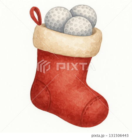 Red Christmas stocking filled with golf ball watercolor stocking golf ball festive stocking holiday illustration Christmas decoration sports gift red textile beige cuff hanging loop isolated Red Christmas stocking filled with golf ball watercolor stocking golf ball festive stocking holiday illustration Christmas decoration sports gift red textile beige cuff hanging loop isolated 131506443