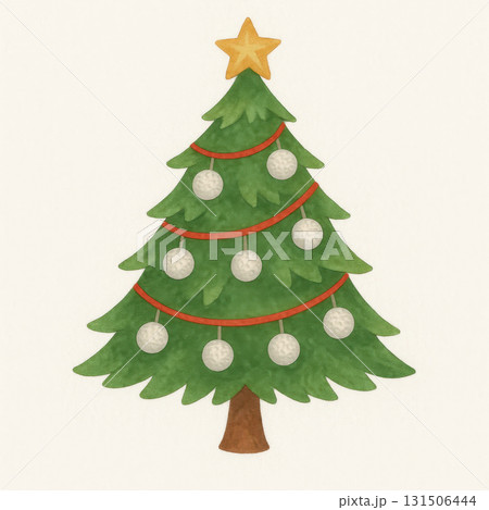 Watercolor Christmas tree with star topper and golf ball ornaments hanging on red garland evoking playful holiday sports cheer Watercolor Christmas tree with star topper and golf ball ornaments hanging on red garland evoking playful holiday sports cheer 131506444
