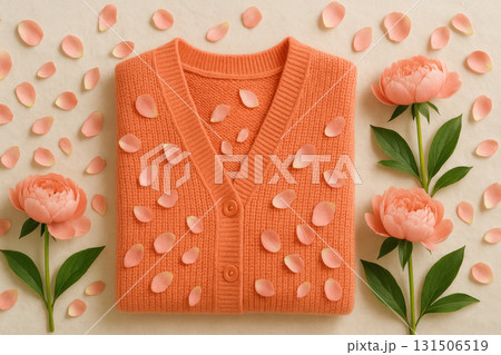 Coral knitted cardigan neatly folded with scattered rose petals and fresh peony flowers creating cozy spring fashion flat lay aesthetic 131506519