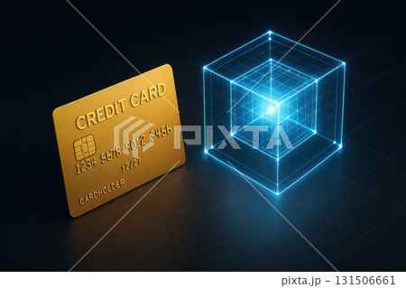 Golden credit card placed beside digital glowing blockchain cube, symbolizing modern fintech innovation and secure payment system with futuristic design and technology 131506661