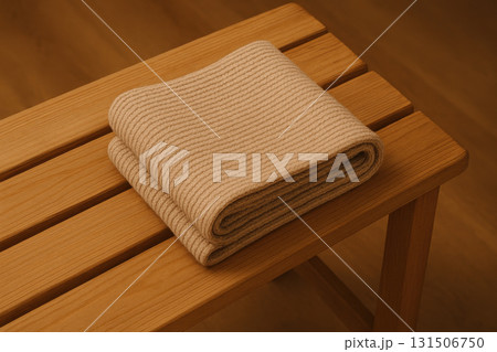 Warm knitted scarf folded neatly on wooden bench with soft lighting creating cozy autumn fashion concept perfect for chilly weather and stylish comfort 131506750