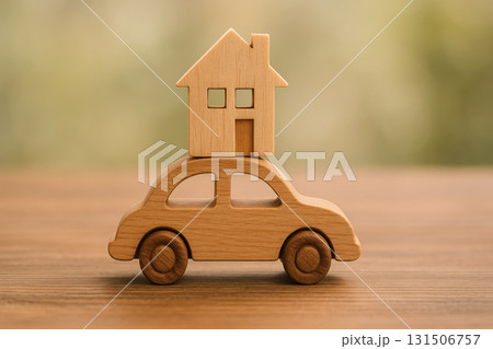 Wooden car with house icon mounted on top symbol of mortgage and property loan placed on wooden table soft natural light 131506757