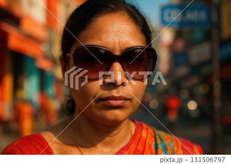 Confident Indian Woman in Sunglasses on Vibrant Street 131506797