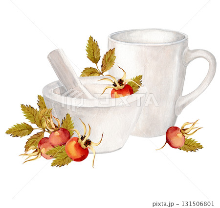 A white ceramic mortar and pestle for herbs and spices, along with a coffee mug. Watercolor rosehip branches, berries, and green leaves. Tools for pharmaceutical and cosmetic production. 131506801