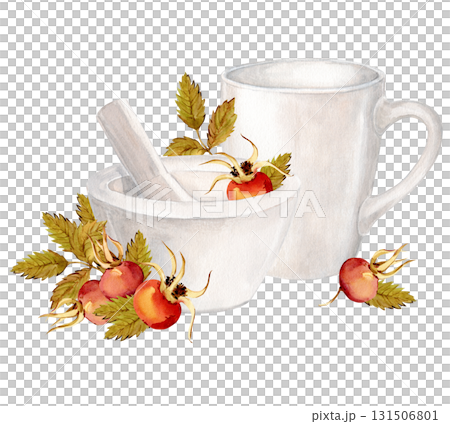 A white ceramic mortar and pestle for herbs and spices, along with a coffee mug. Watercolor rosehip branches, berries, and green leaves. Tools for pharmaceutical and cosmetic production. 131506801