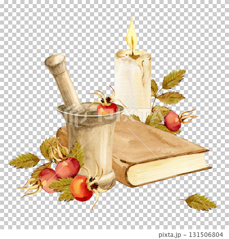 Antique bronze mortar and pestle for grinding medicinal herbs. Recipe book and candle. Watercolor clip art. Concept of homeopathy, alternative medicine, and herbal treatment. Rosehip tea. Autumn. 131506804