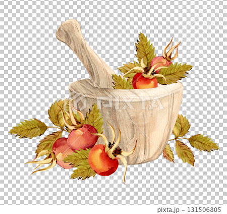 An antique wooden mortar and pestle for grinding medicinal herbs. Autumn rose hips. An ingredient for medicinal tea. Watercolor clip art for herbal tea packaging with wild roses. Retro style. An antique wooden mortar and pestle for grinding medicinal herbs. Autumn rose hips. An ingredient for medicinal tea. Watercolor clip art for herbal tea packaging with wild roses. Retro style. 131506805