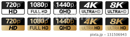 Black, white and golden video or screen resolution icons. Set from 720p to 8k 131506943