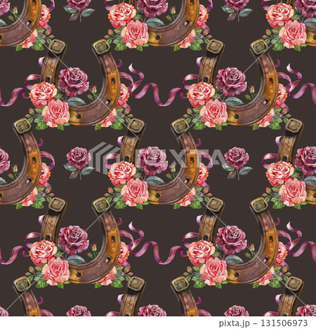 Floral seamless pattern with horse shoes and pretty roses. Vintage style romantic repeat background 131506973