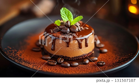 Chocolate Cheesecake with Coffee Beans and Mint Garnish Chocolate Cheesecake with Coffee Beans and Mint Garnish 131507107