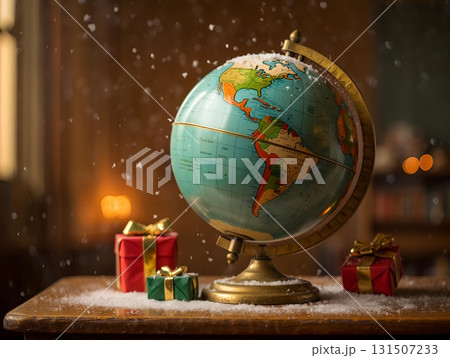 Festive earth globe surrounded by wrapped gifts on a wooden table with falling snow, holiday season concept 131507233